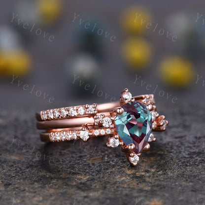 3PC Vintage Alexandrite engagement ring,Alexandrite ring set,moissanite ring,art deco open gap band promise unique anniversary ring,silver