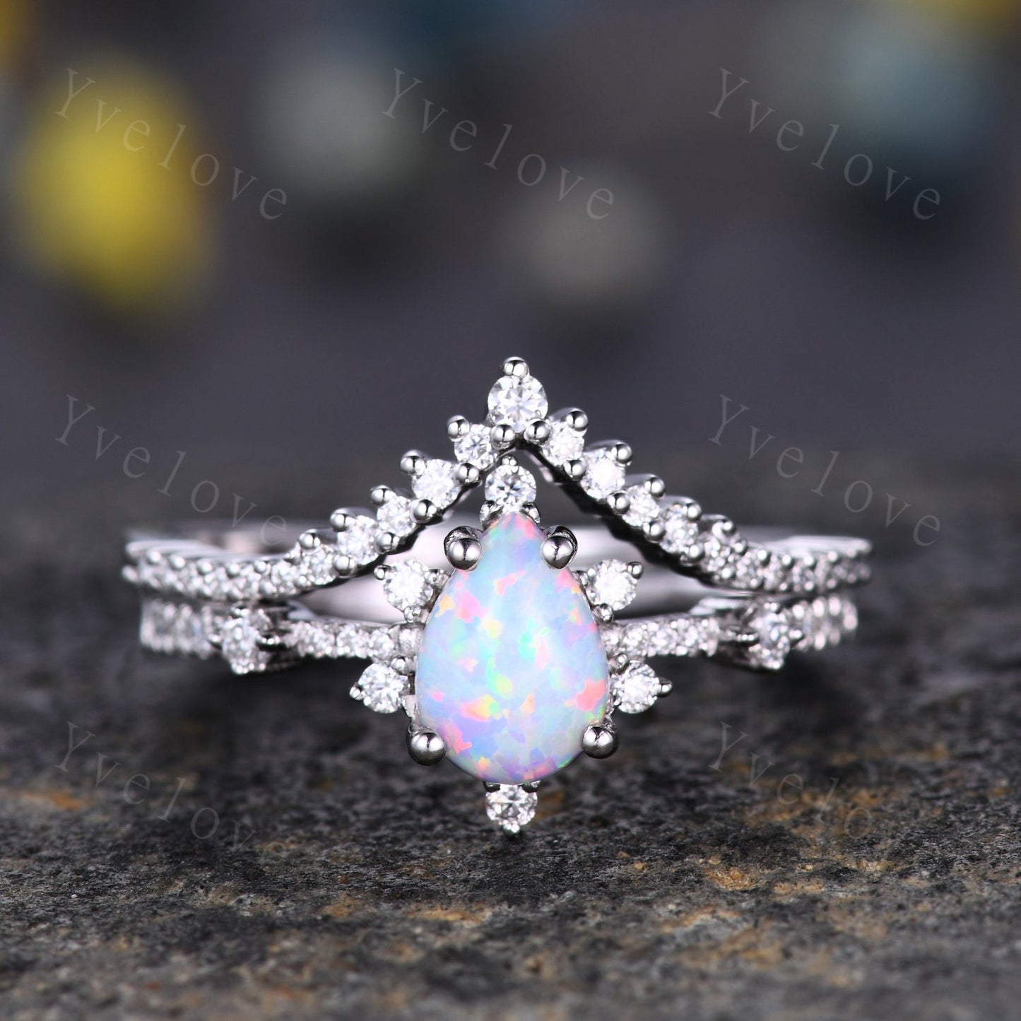 Pear Opal Ring White Fire Opal,Engagement Ring Set,Pear Opal Bridal Set,Moissanite Half Eternity Band,14K White Gold,Opal October Birthstone