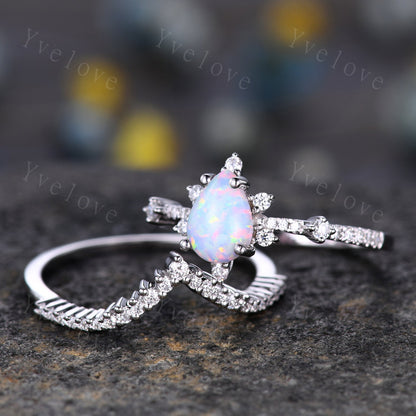 Pear Opal Ring White Fire Opal,Engagement Ring Set,Pear Opal Bridal Set,Moissanite Half Eternity Band,14K White Gold,Opal October Birthstone