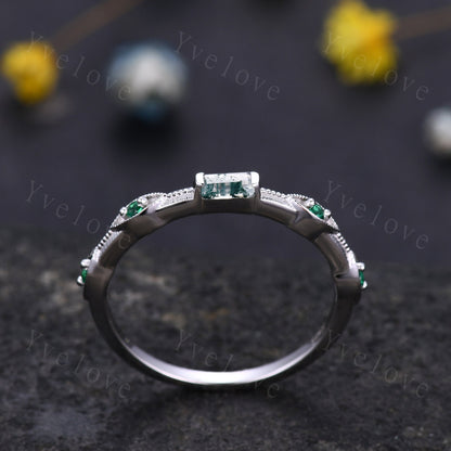 Baguette moss agate ring green agate engagement ring emerald wedding band women retro milgrain stacking matching band white gold custom ring