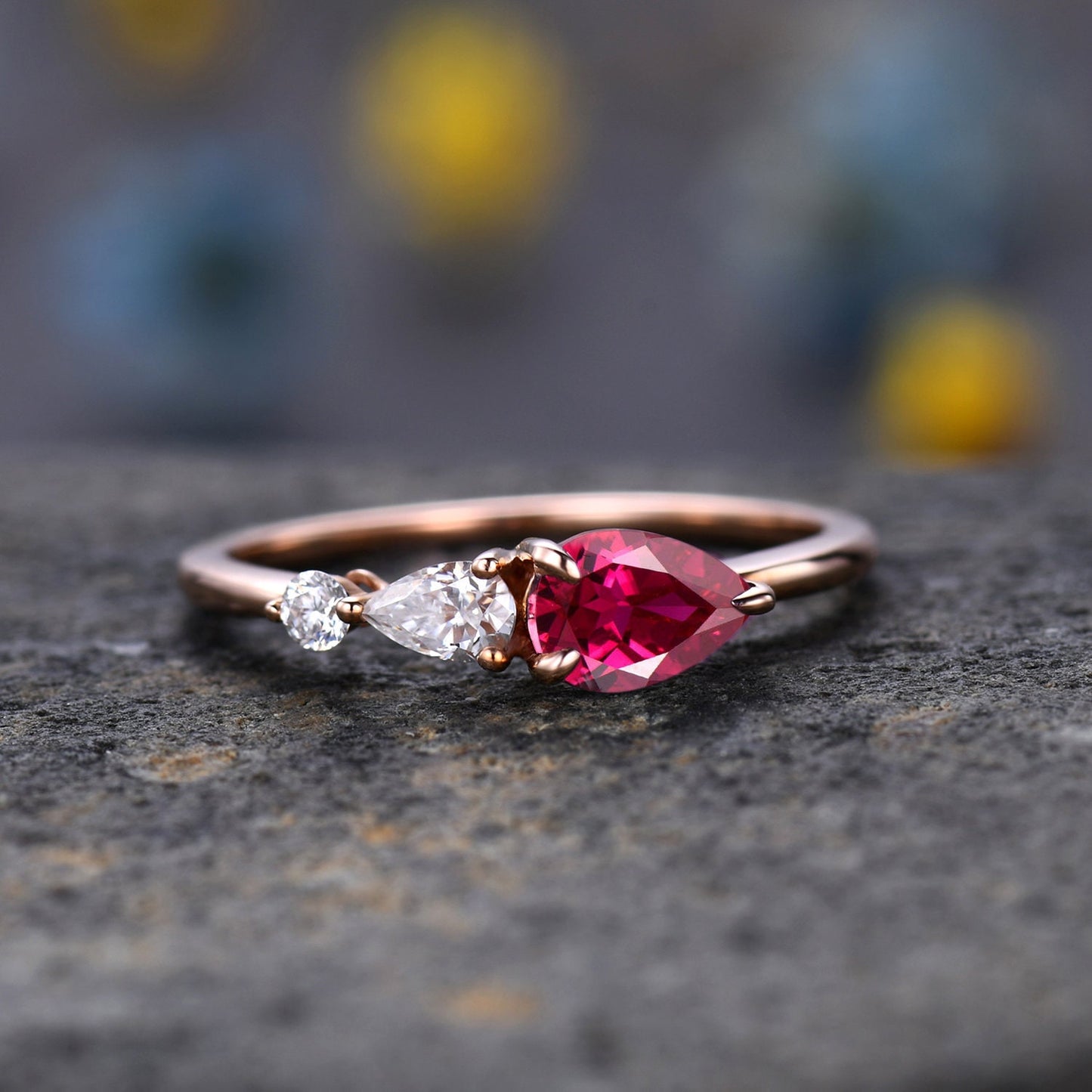 Vintage Red Ruby Ring Engagement Ring,Pear Cut Gems,Art Deco Moissanite Wedding Band,3 Stone Unique Women Bridal Promise Ring,Rose gold