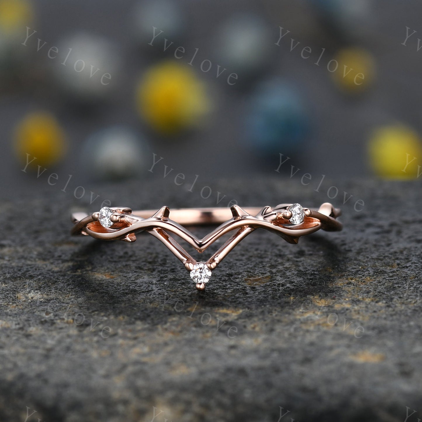 Minimalist Twig Engagement Ring,Twig Matching Band,Women Vine Diamond Band ,Art Deco V Curved Branch Diamond Wedding Band,14K Rose Gold Gift