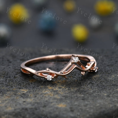 Minimalist Twig Engagement Ring,Twig Matching Band,Women Vine Diamond Band ,Art Deco V Curved Branch Diamond Wedding Band,14K Rose Gold Gift