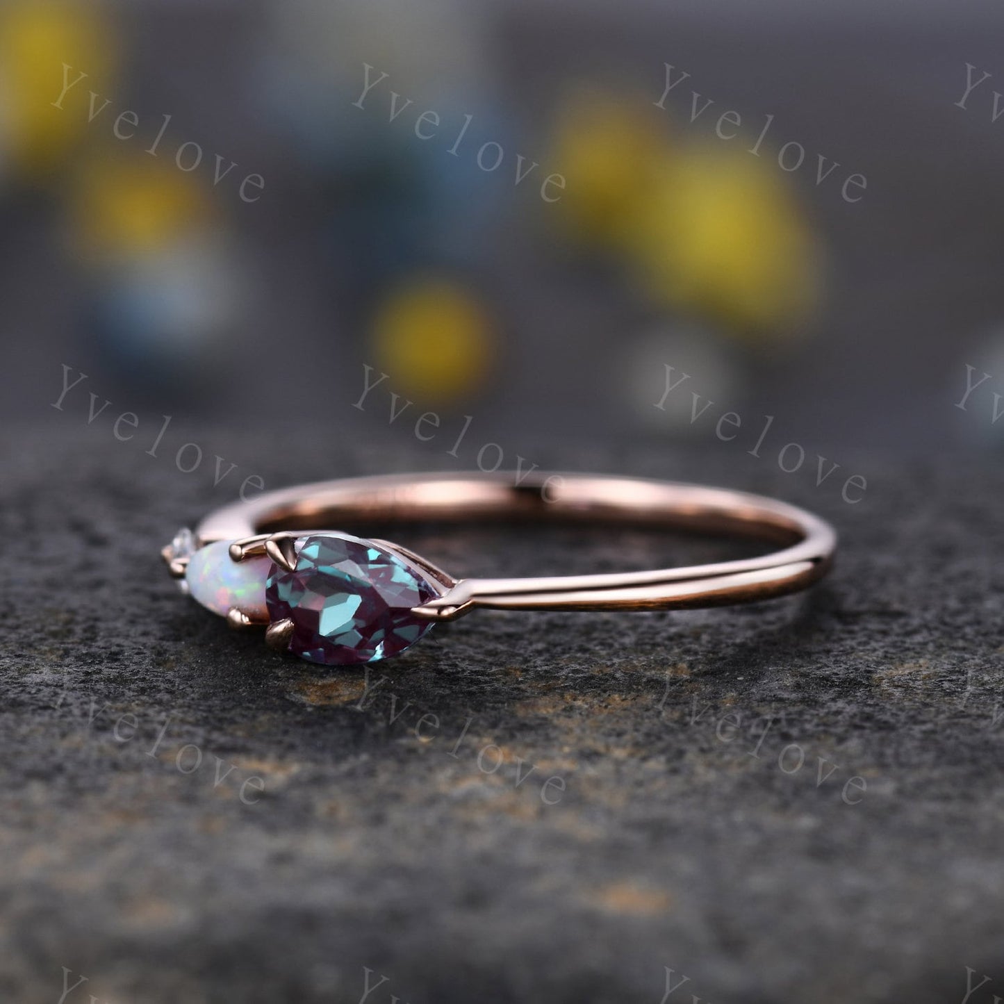 Vintage Alexandrite Opal Engagement Ring,Pear Cut Gems,Art Deco Moissanite Wedding Band,3 Stone Unique Women Bridal Promise Ring,Solid Gold