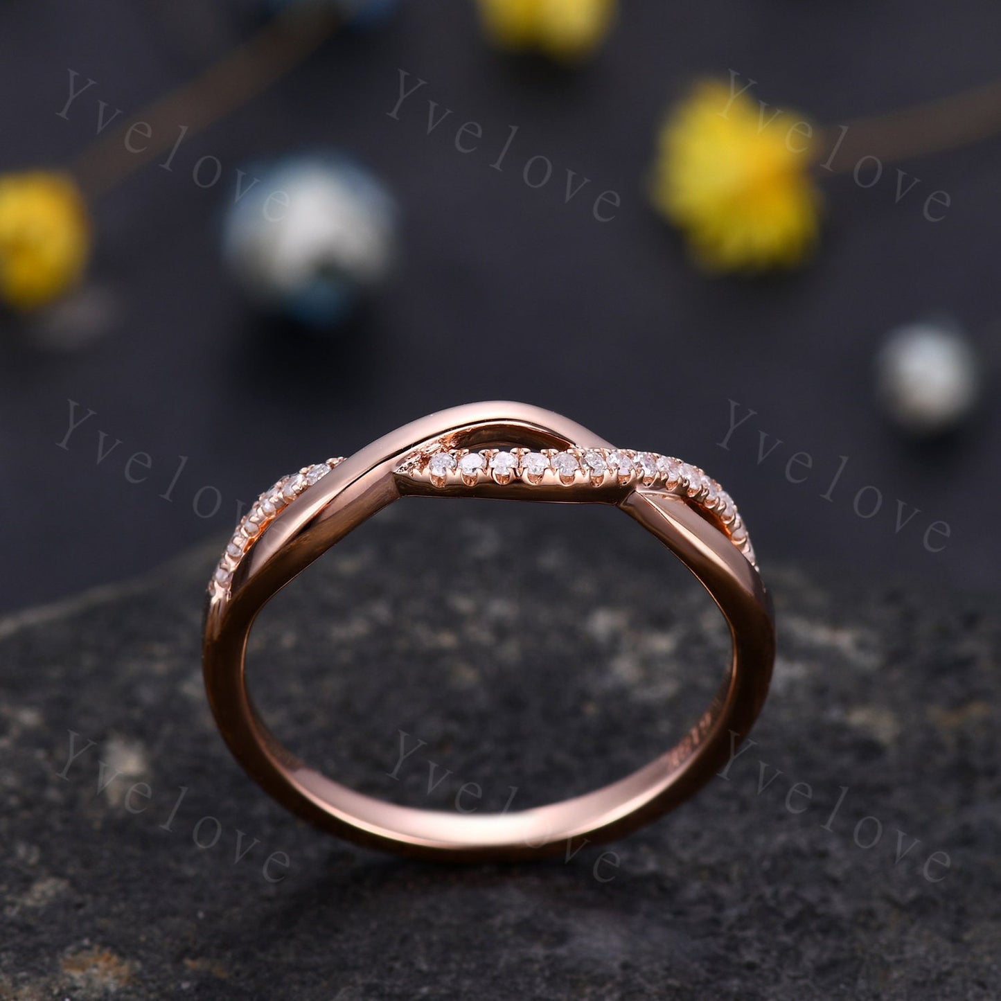 Diamond wedding band 14k rose gold twist diamond infinity matching wedding ring natural SI stone womrn stacking bridal ring custom jewelry