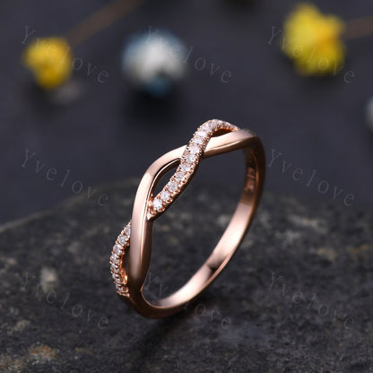 Diamond wedding band 14k rose gold twist diamond infinity matching wedding ring natural SI stone womrn stacking bridal ring custom jewelry