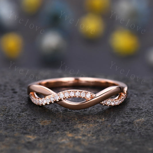 Diamond wedding band 14k rose gold twist diamond infinity matching wedding ring natural SI stone womrn stacking bridal ring custom jewelry