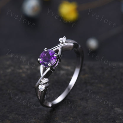 Unique 5mm Amethyst Engagement Ring Set,Vintage Diamond Ring Set,Branch Ring,Sterling Sliver,Twisted Ring Promise Bridal Set,Women Ring Gift