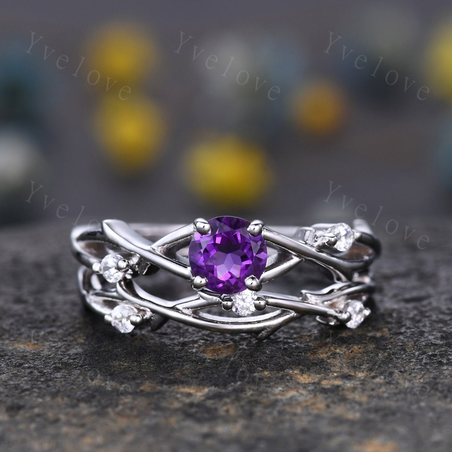 Unique 5mm Amethyst Engagement Ring Set,Vintage Diamond Ring Set,Branch Ring,Sterling Sliver,Twisted Ring Promise Bridal Set,Women Ring Gift