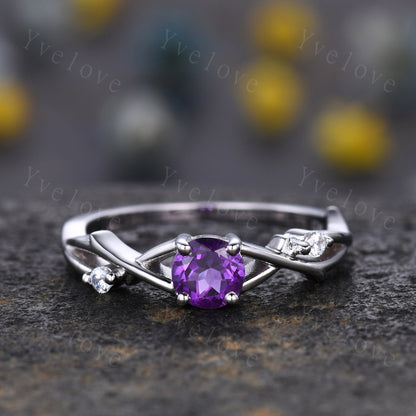 Unique 5mm Amethyst Engagement Ring Set,Vintage Diamond Ring Set,Branch Ring,Sterling Sliver,Twisted Ring Promise Bridal Set,Women Ring Gift