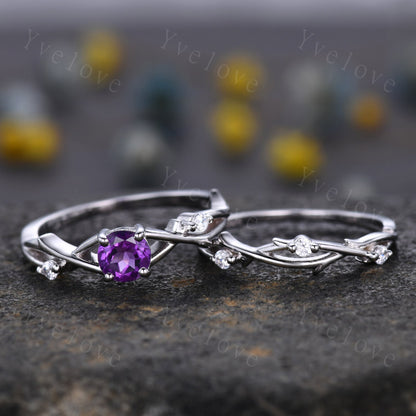 Unique 5mm Amethyst Engagement Ring Set,Vintage Diamond Ring Set,Branch Ring,Sterling Sliver,Twisted Ring Promise Bridal Set,Women Ring Gift