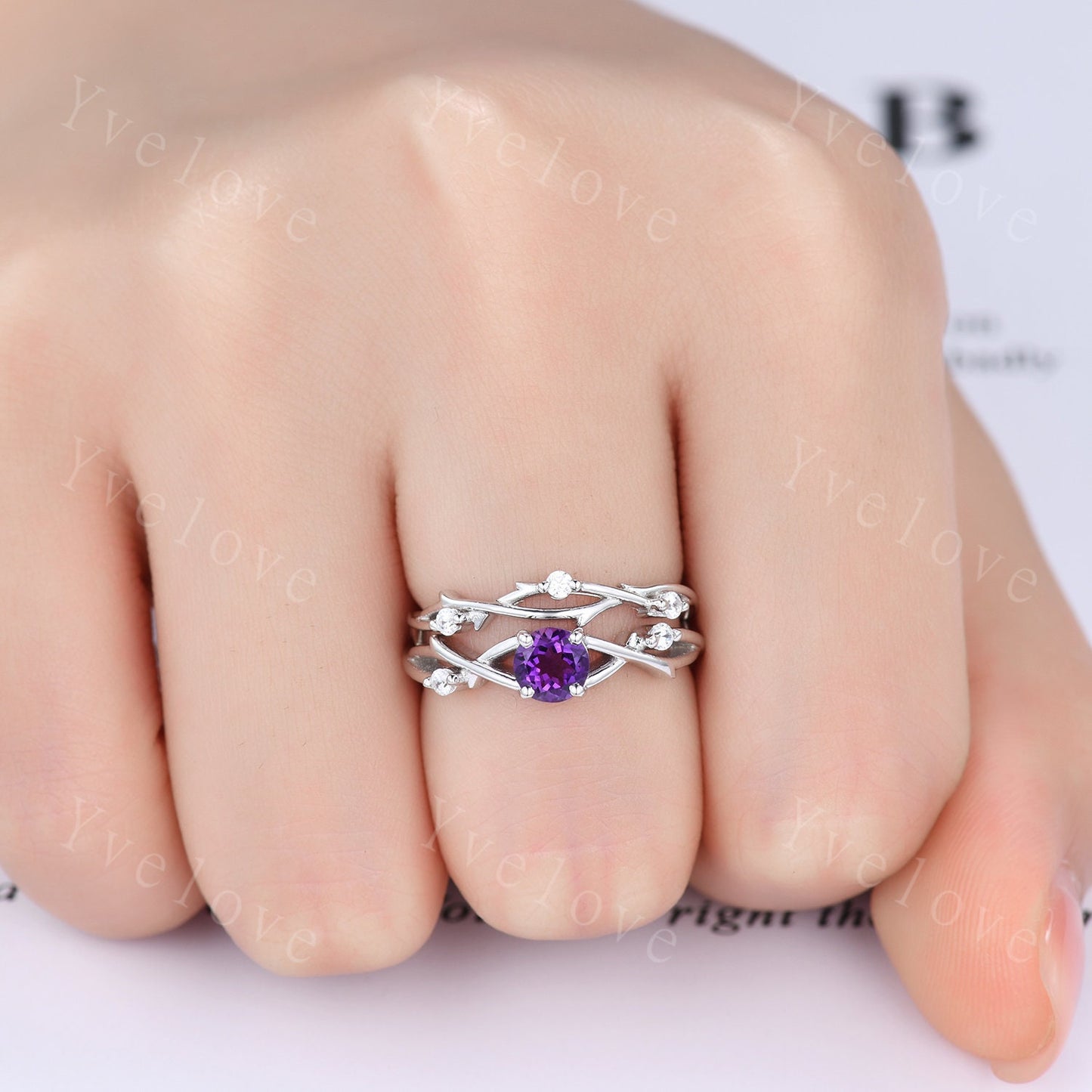 Unique 5mm Amethyst Engagement Ring Set,Vintage Diamond Ring Set,Branch Ring,Sterling Sliver,Twisted Ring Promise Bridal Set,Women Ring Gift