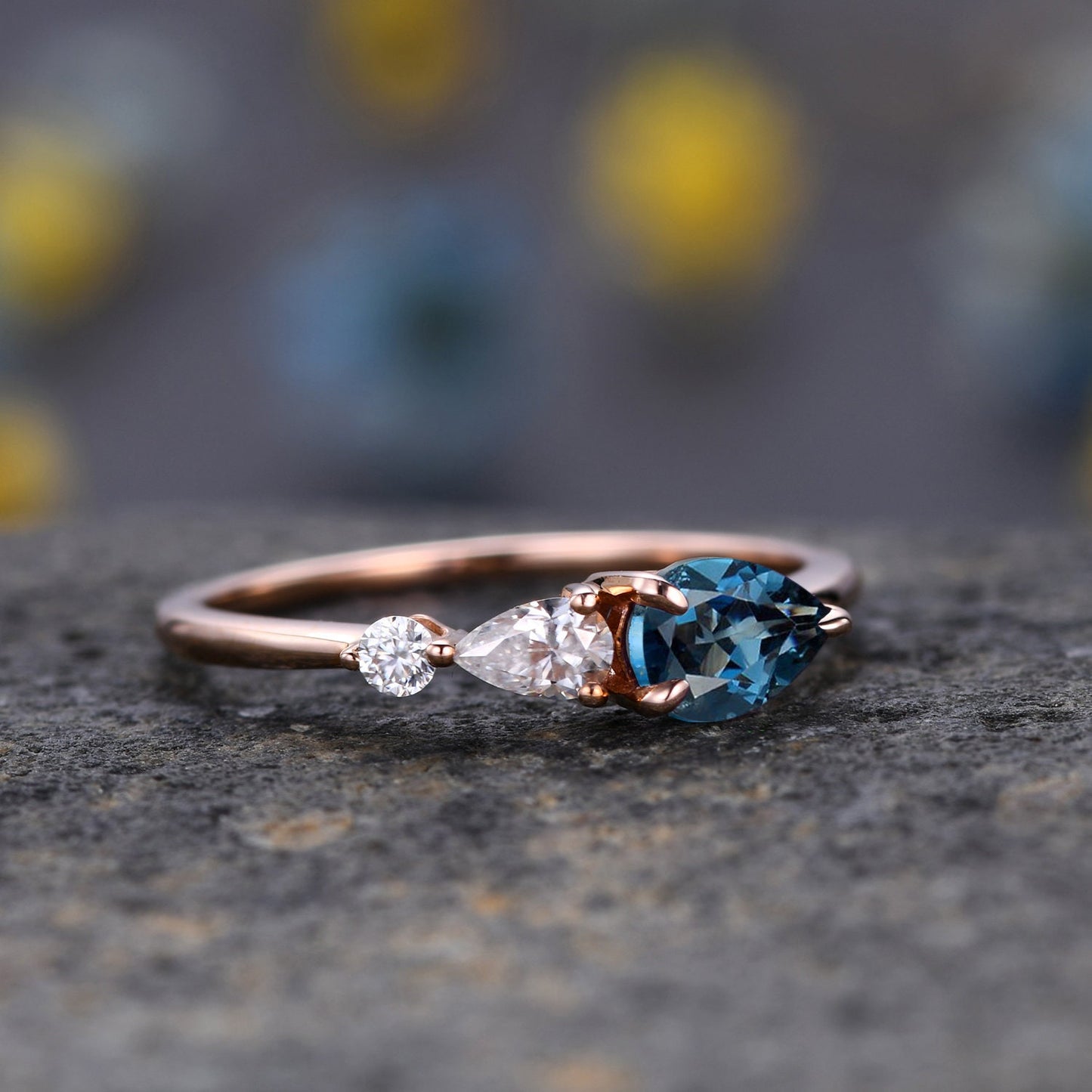 Vintage London Blue Topaz Engagement Ring,Pear Cut Gems,Art Deco Moissanite Wedding Band,3 Stone Unique Women Bridal Promise Ring,Platinum