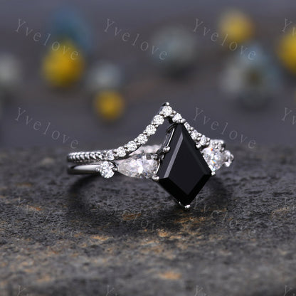 Vintage black onyx ring kite cut engagemnt ring set art deco moissanite ring for women 14k white gold unique bridal wedding ring custom gift