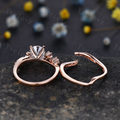 Vintage Moissanite Engagement Ring,Rose Gold Moissanite Wedding Set,Art Deco Unique Diamond Wedding Ring,Antique Bridal Set Curve Open Band