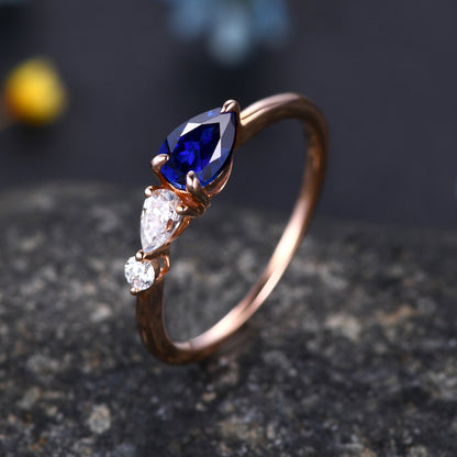 Vintage Sapphire Ring Engagement Ring,Pear Cut Gems,Art Deco Moissanite Wedding Band,3 Stone Unique Women Bridal Promise Ring,Rose Gold