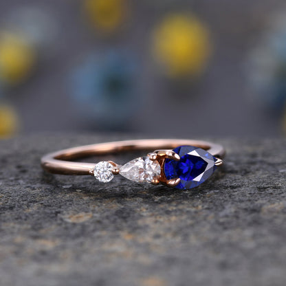 Vintage Sapphire Ring Engagement Ring,Pear Cut Gems,Art Deco Moissanite Wedding Band,3 Stone Unique Women Bridal Promise Ring,Rose Gold