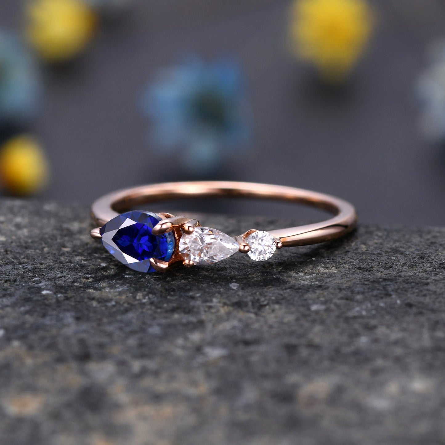 Vintage Sapphire Ring Engagement Ring,Pear Cut Gems,Art Deco Moissanite Wedding Band,3 Stone Unique Women Bridal Promise Ring,Rose Gold