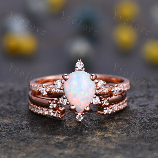 3PC Vintage white opal engagement ring set,Pear shape ring,rose gold moissanite ring,art deco open gap band promise unique anniversary ring