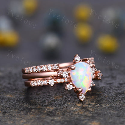 3PC Vintage white opal engagement ring set,Pear shape ring,rose gold moissanite ring,art deco open gap band promise unique anniversary ring