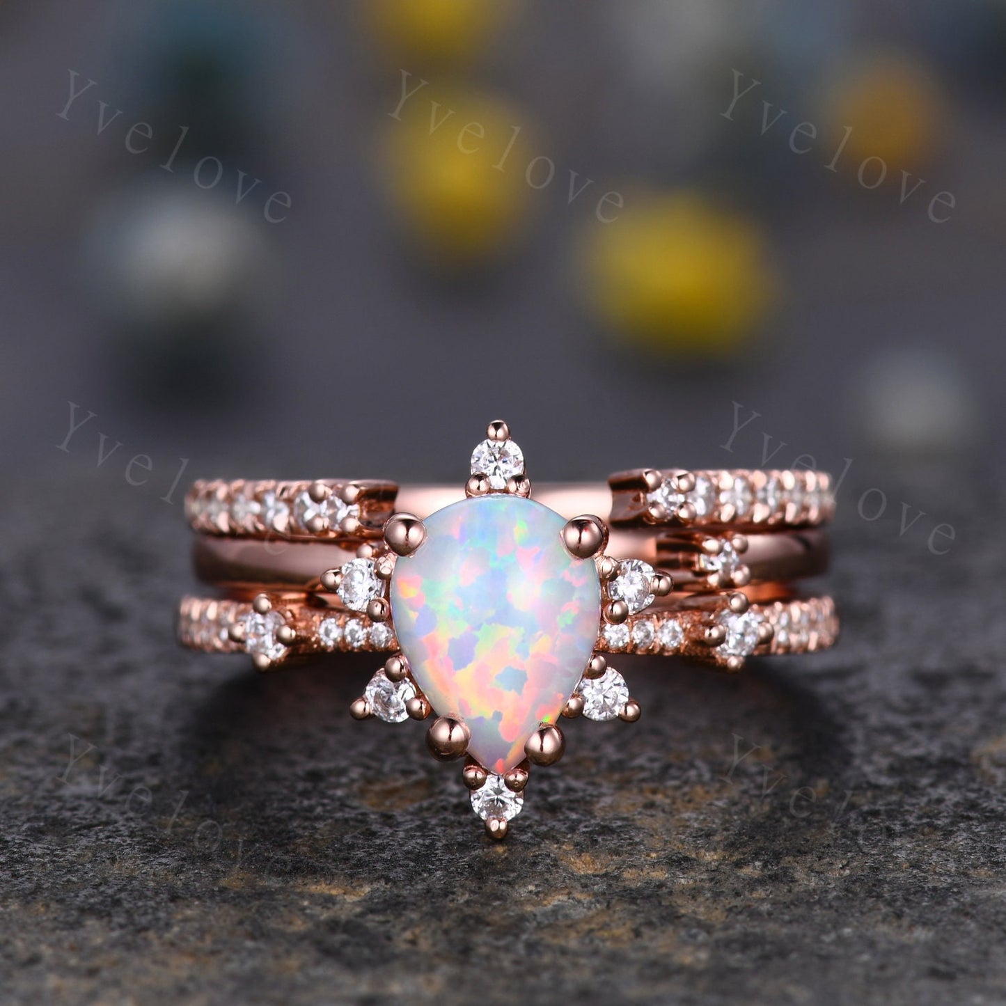 3PC Vintage white opal engagement ring set,Pear shape ring,rose gold moissanite ring,art deco open gap band promise unique anniversary ring