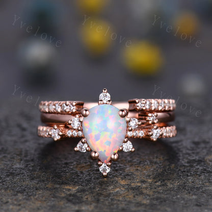 3PC Vintage white opal engagement ring set,Pear shape ring,rose gold moissanite ring,art deco open gap band promise unique anniversary ring