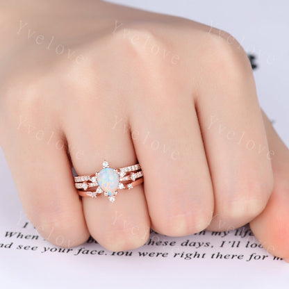 3PC Vintage white opal engagement ring set,Pear shape ring,rose gold moissanite ring,art deco open gap band promise unique anniversary ring