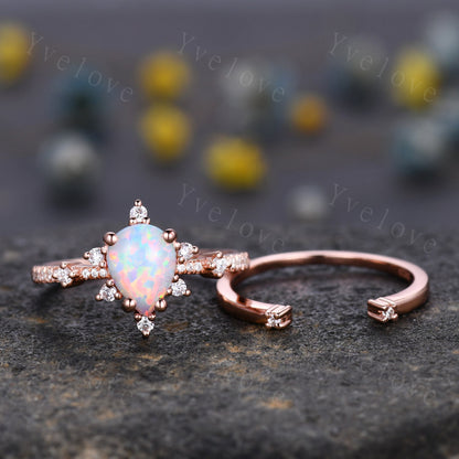 Vintage white opal engagement ring set,Pear shape opal ring,rose gold moissanite ring,art deco open gap band promise unique anniversary ring