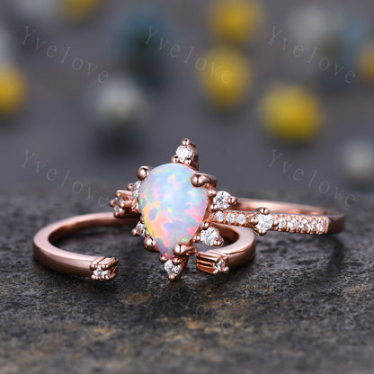 Vintage white opal engagement ring set,Pear shape opal ring,rose gold moissanite ring,art deco open gap band promise unique anniversary ring