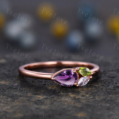 Minimalist Amethyst Engagement Ring,Pear Cut Gem,Art Deco Peridot Moissanite Wedding Band,3 Stone Unique Women Bridal Leaf Cluster Ring Gift