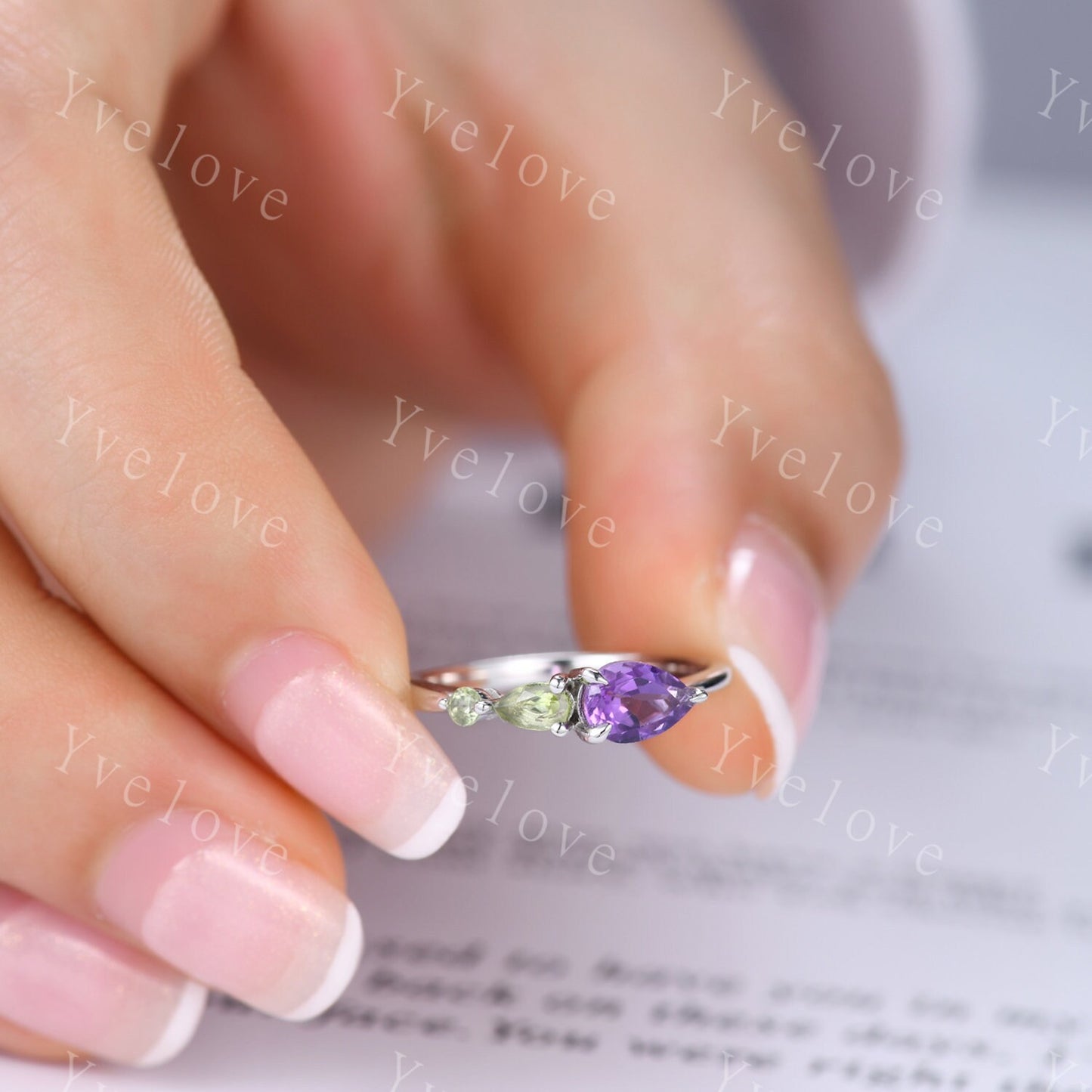 Vintage Amethyst Peridot Engagement Ring,Pear Cut Gems,Art Deco Peridot Wedding Band,3 Stone Unique Women Bridal Promise Ring,Customized