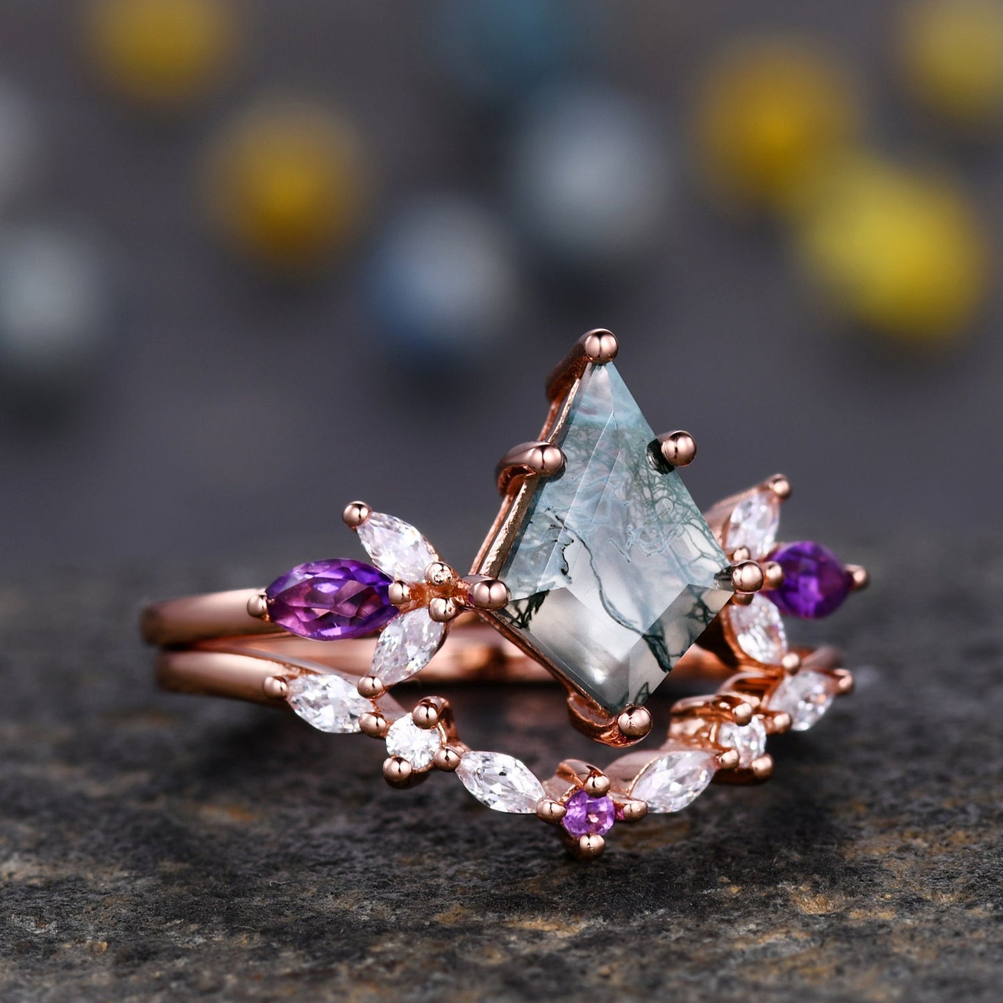 Vintage Kite Cut Moss Agate Engagement Ring Rose Gold Women Unique Moissanite Amethyst Gem Matching Band Promise Bridal Stacking Ring Set