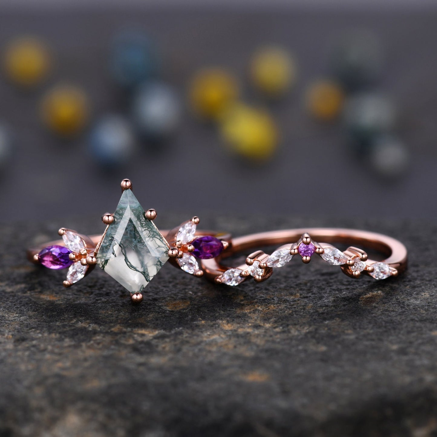 Vintage Kite Cut Moss Agate Engagement Ring Rose Gold Women Unique Moissanite Amethyst Gem Matching Band Promise Bridal Stacking Ring Set