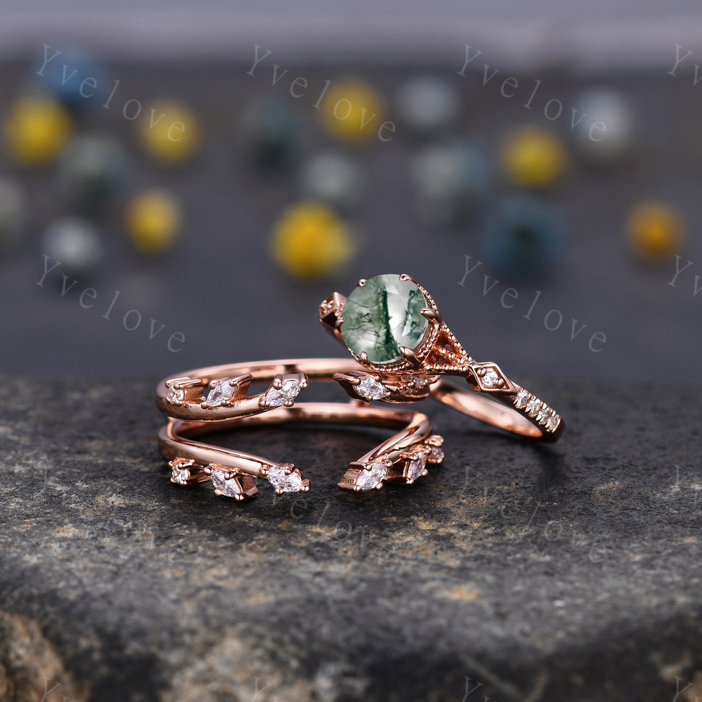 Vintage Moss Agate Engagement Ring,Enhancer Ring,Nature Inspired Ring Set,Women Matching Diamond Band Unique Floral Vine Design Promise Gift