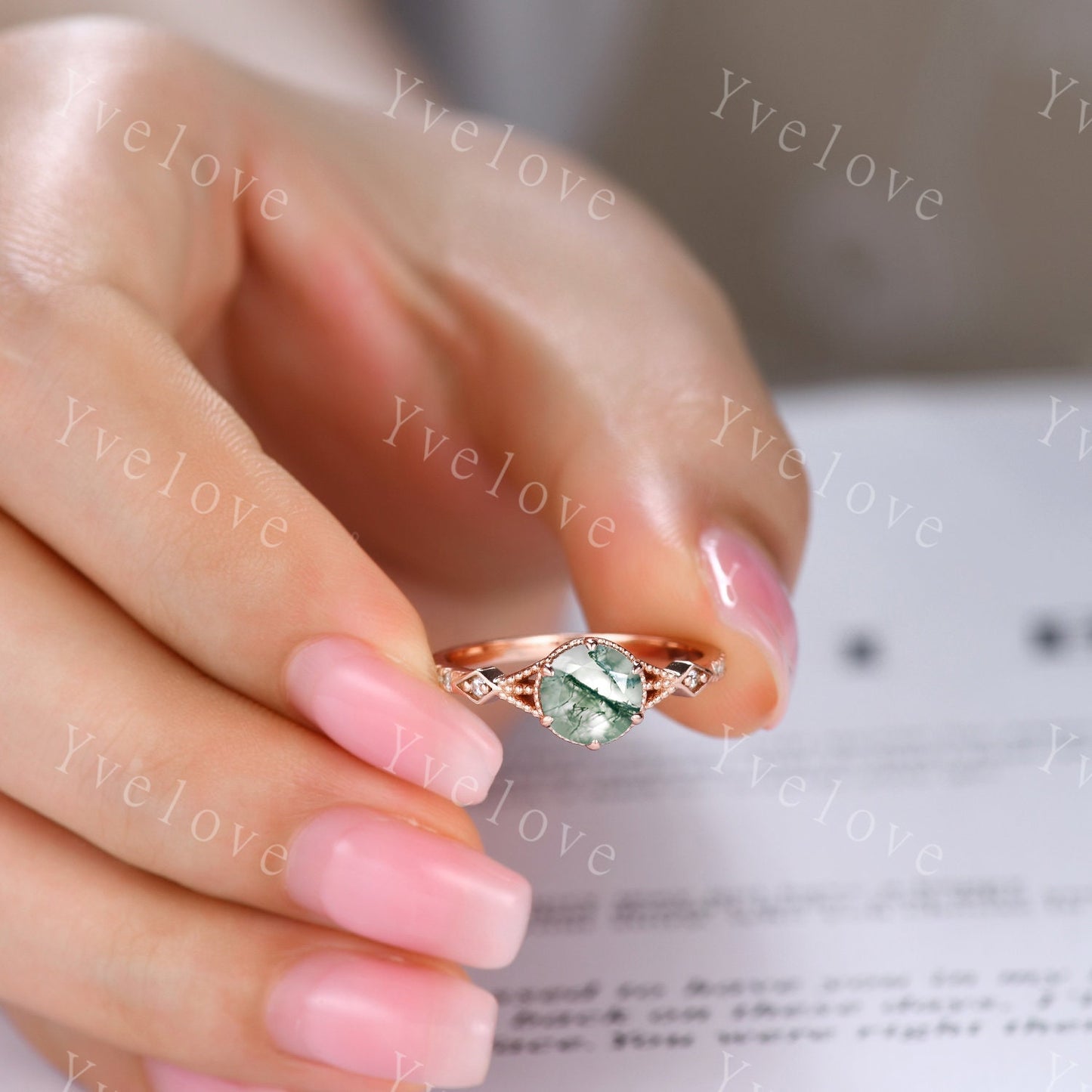 Vintage Round Moss Agate Engagement Ring,Nature Inspired,Dainty Green Gemstone Ring,Gold Ring,Unique Floral Design,Women Diamond Bridal Band