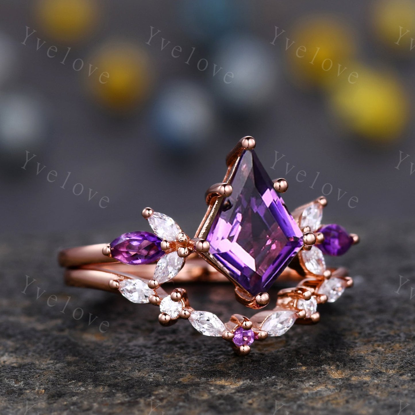 Vintage Kite Shaped Amethyst Engagement Ring Rose Gold Women Unique Moissanite Amethyst Gem Matching Band Promise Bridal Stacking Ring Set