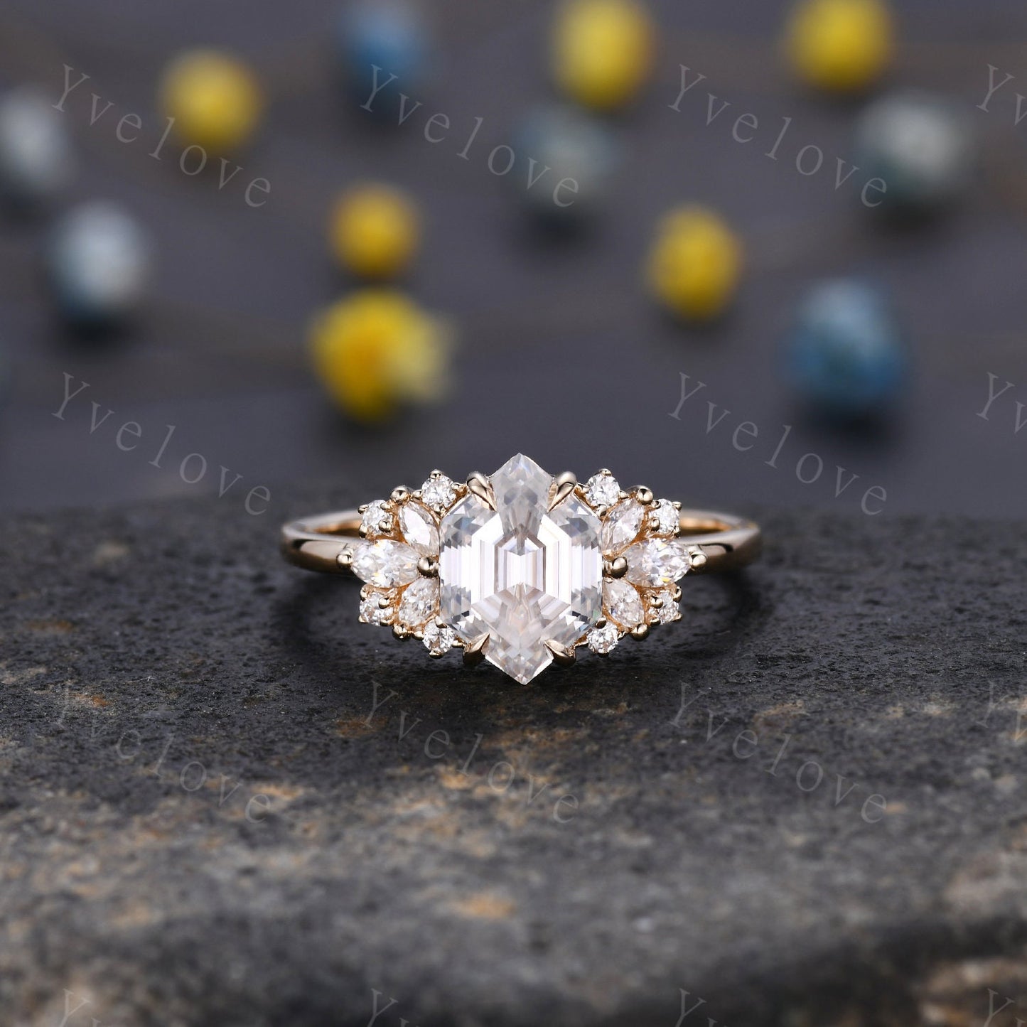 Vintage Hexagon Moissanite engagement ring,Unique Marquise Moissanite Ring,Cluster Ring,Gold Ring,Women Bridal Wedding Gift,Statement Ring