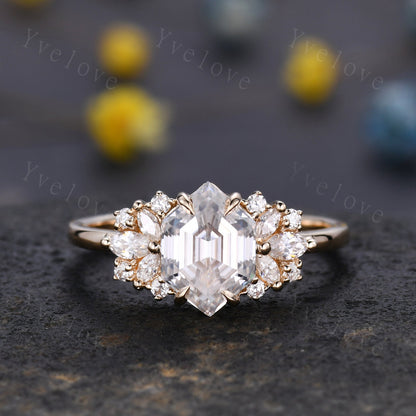 Vintage Hexagon Moissanite engagement ring,Unique Marquise Moissanite Ring,Cluster Ring,Gold Ring,Women Bridal Wedding Gift,Statement Ring