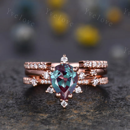 3PC Vintage Alexandrite engagement ring,Alexandrite ring set,moissanite ring,art deco open gap band promise unique anniversary ring,silver