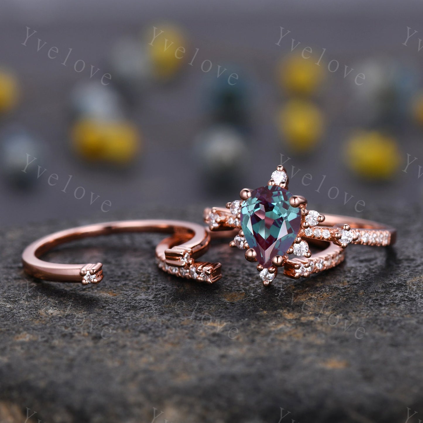 3PC Vintage Alexandrite engagement ring,Alexandrite ring set,moissanite ring,art deco open gap band promise unique anniversary ring,silver