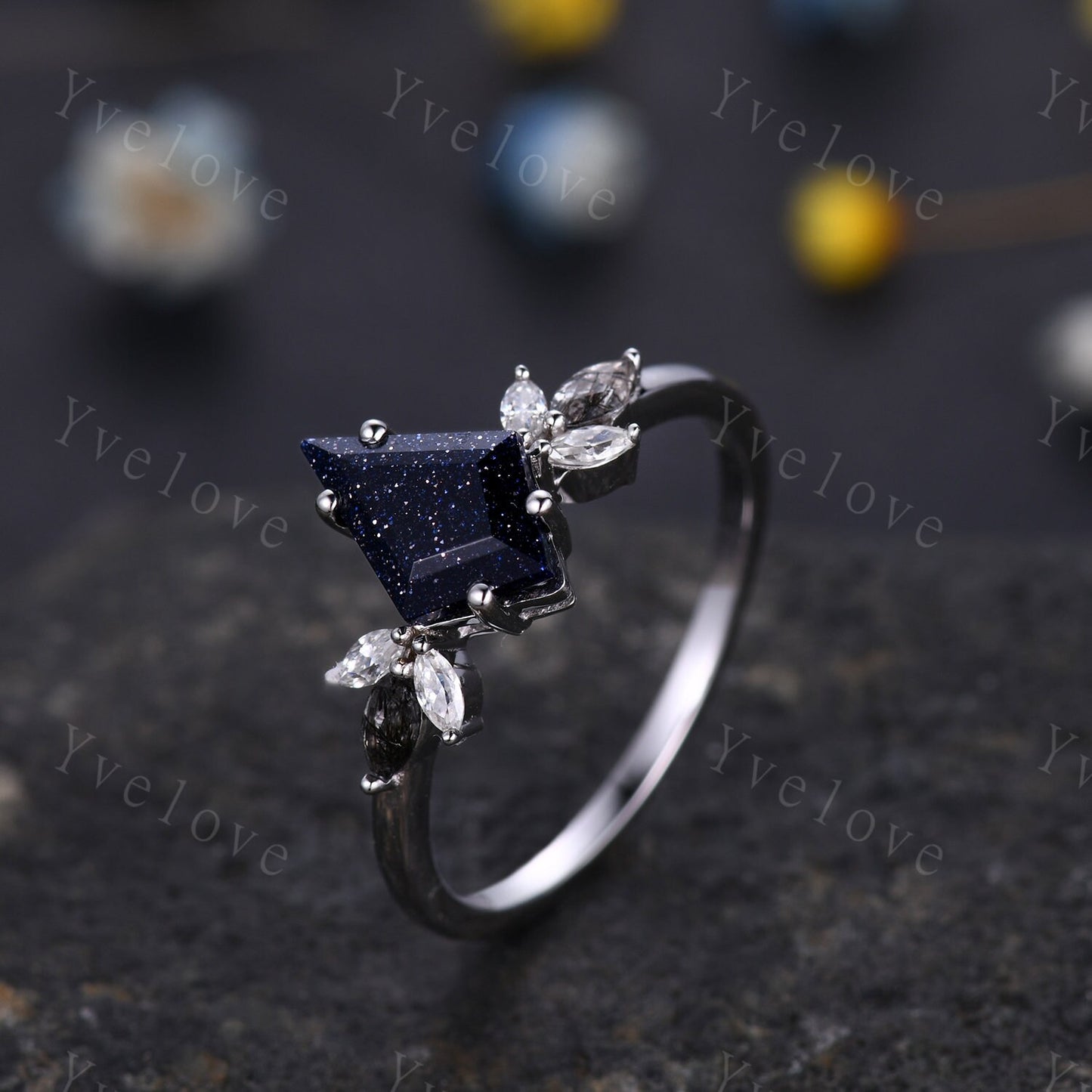 Vintage Kite shaped Sandstone Engagement Ring,Unique Bridal Ring,Marquise Black Rutilated Quartz,White Gold,Women Galaxy Anniversary Ring