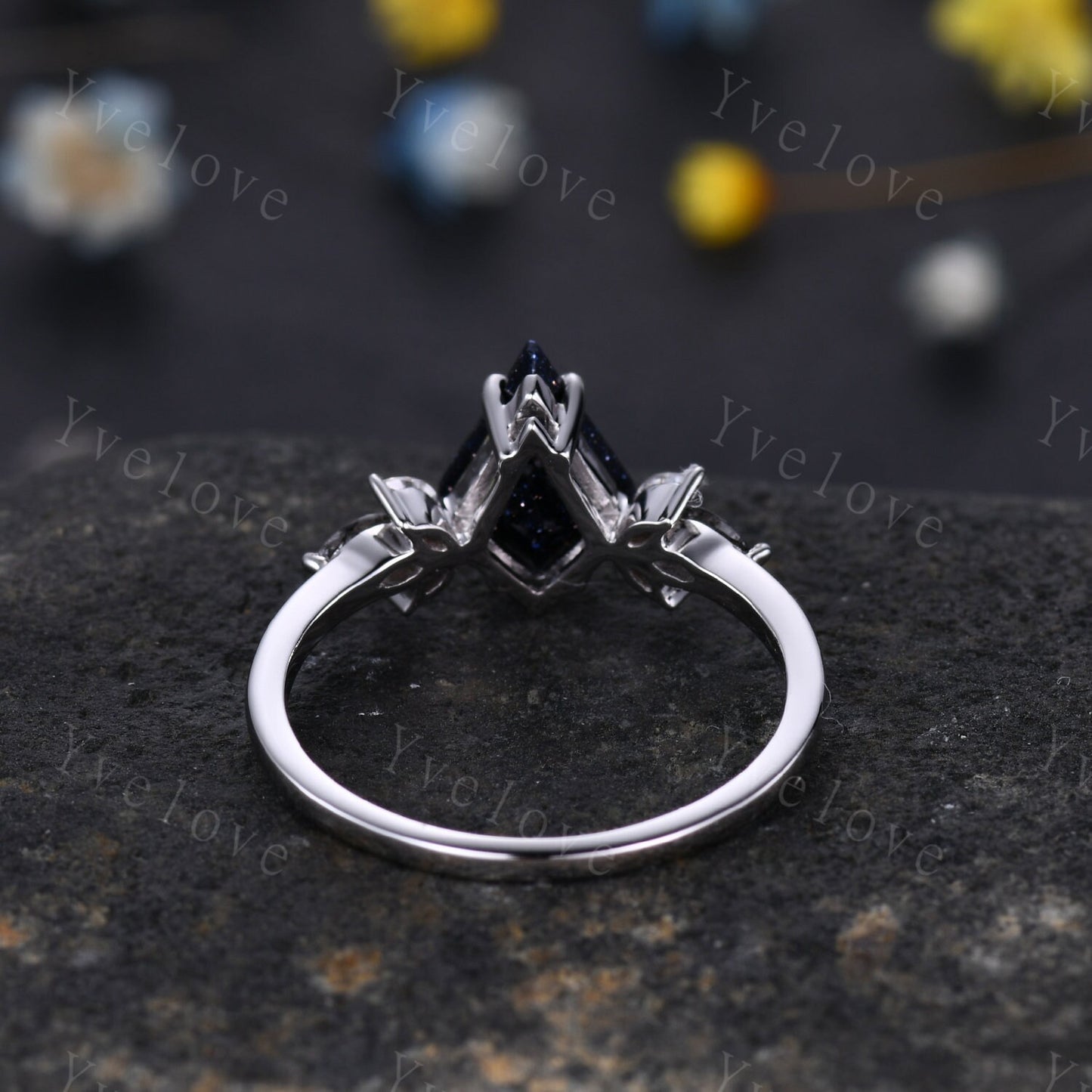 Vintage Kite shaped Sandstone Engagement Ring,Unique Bridal Ring,Marquise Black Rutilated Quartz,White Gold,Women Galaxy Anniversary Ring