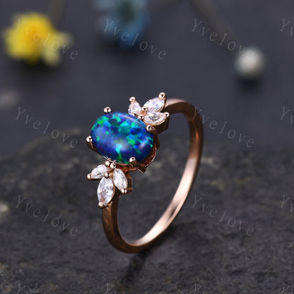 Vintage Blue Opal Engagement Ring Women Stacking Matching Band Diamond/Moissanite Eternity Ring Unique Vintage Floral Design Promise Gift