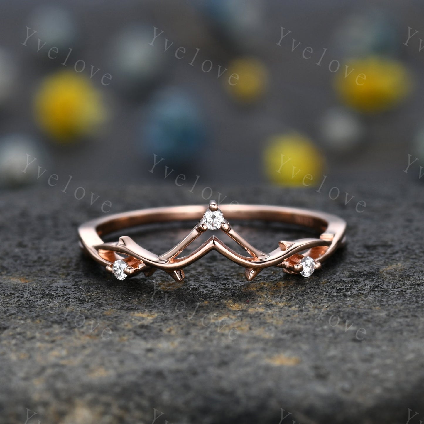 Minimalist Twig Engagement Ring,Twig Matching Band,Women Vine Diamond Band ,Art Deco V Curved Branch Diamond Wedding Band,14K Rose Gold Gift