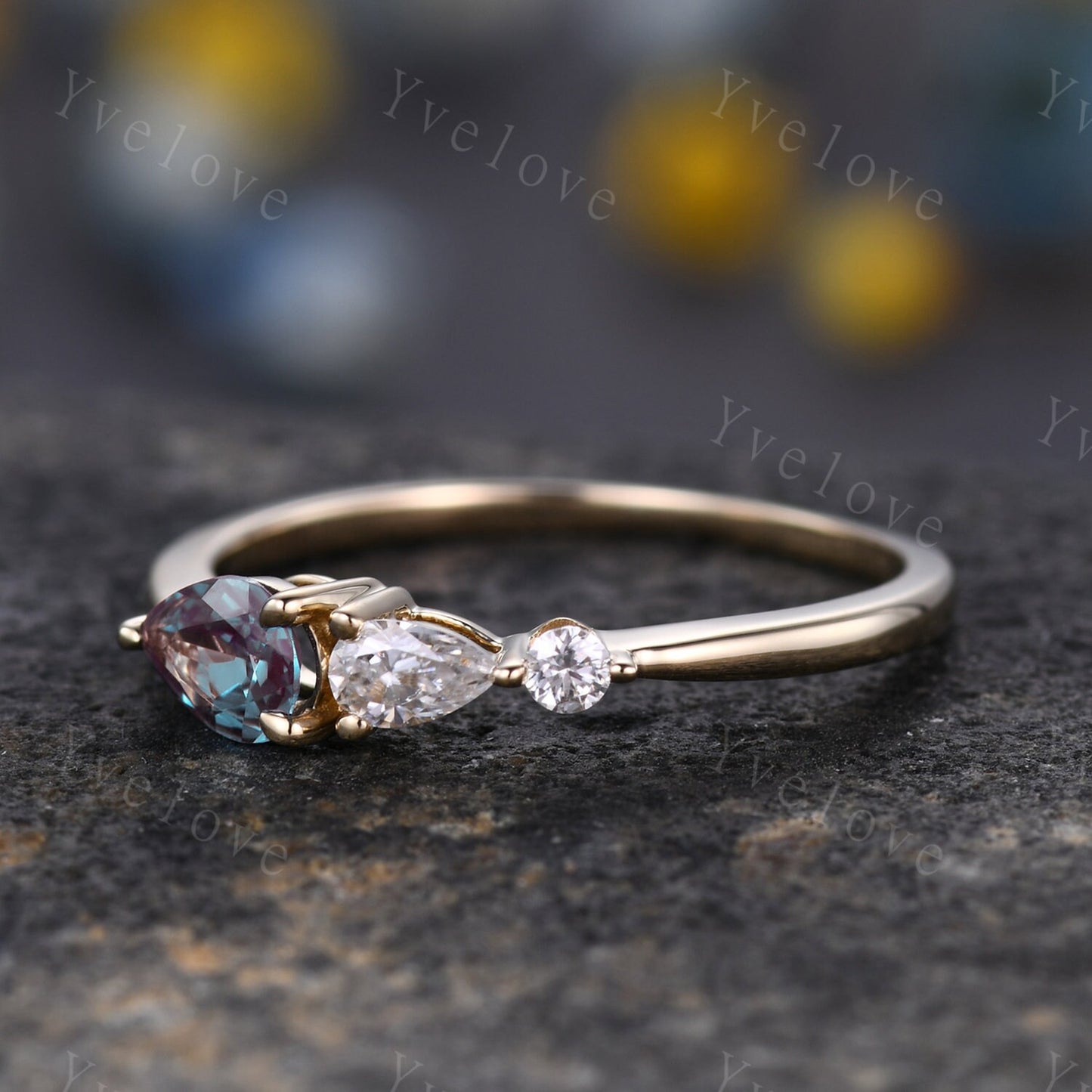 Vintage Alexandrite Engagement Ring,Pear Cut Gems,Art Deco Moissanite Wedding Band,3 Stone Unique Women Bridal Promise Ring,Sterling Silver