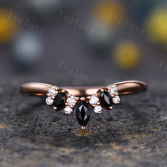 Black Spinel Wedding Band Moissanite Wedding Ring Rose Gold Engagement Ring Stacking Ring Curved Wedding Band Sterling Silver Dainty Ring