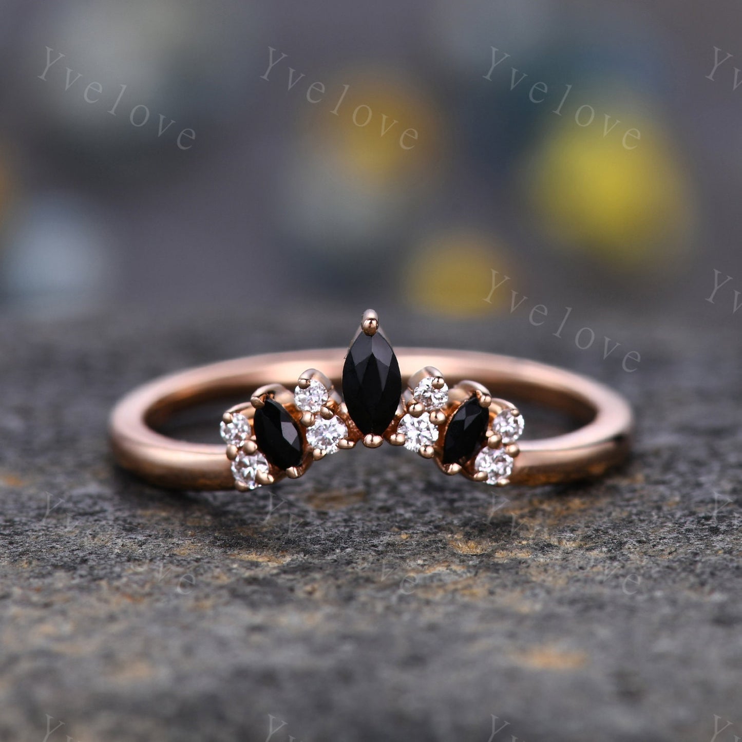 Black Spinel Wedding Band Moissanite Wedding Ring Rose Gold Engagement Ring Stacking Ring Curved Wedding Band Sterling Silver Dainty Ring