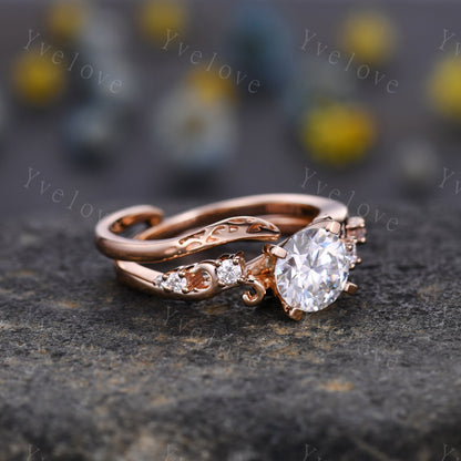 Vintage Moissanite Engagement Ring,Rose Gold Moissanite Wedding Set,Art Deco Unique Diamond Wedding Ring,Antique Bridal Set Curve Open Band