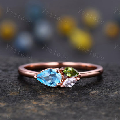 Minimalist Swiss Blue Topsz Engagement Ring,Pear Topaz Gem,Art Deco Peridot Moissanite Wedding Band,3 Stone Unique Women Bridal Cluster Ring