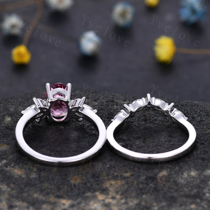 Natural Pink Tourmaline Engagement Ring Set,White Gold Marquise Moissanite Band,October Birthstone Ring,Art Deco Promise Anniversary Gift